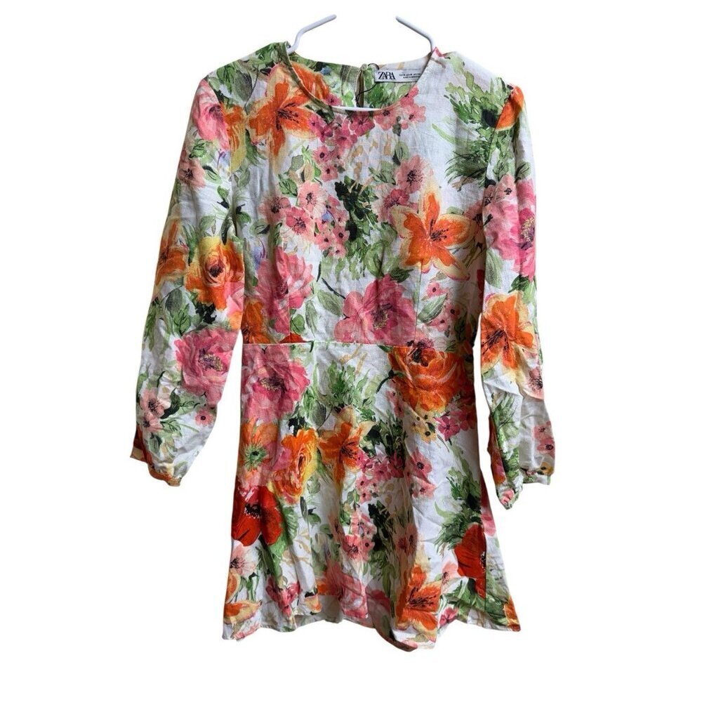 Zara Linen Blend Floral Cutout Back Dress Size M NWOT